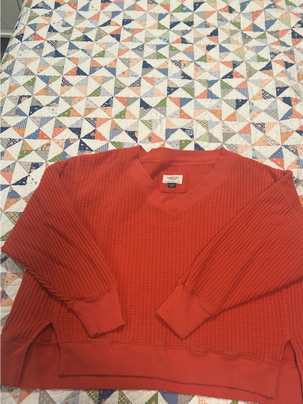 American Eagle Outfitters Women’s Coral V‑Neck Waffle Knit Sweater